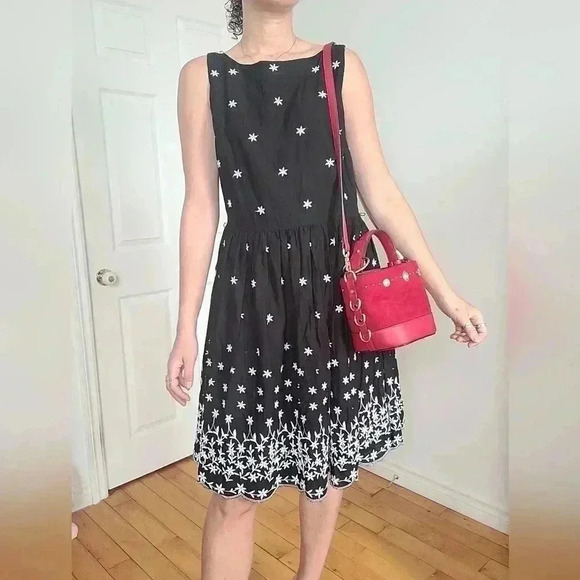 CHARTER CLUB 100% COTTON BLACK FLORAL EMBROIDERED A-LINE DRESS - Picture 4 of 8